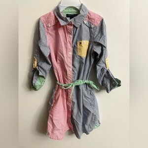Tommy Hilfiger Pink, Navy & Yellow Striped Shirt Dress with Green Trim